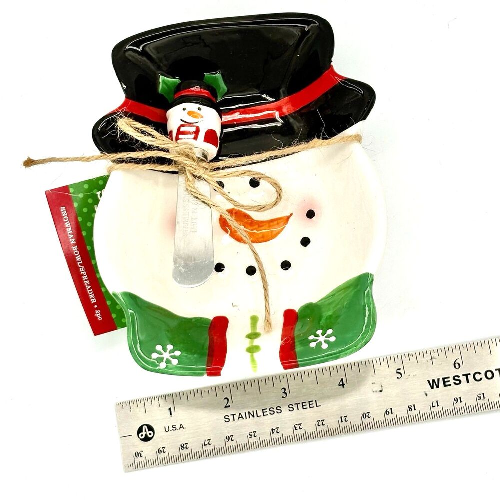 New Sleigh Bell Bistro Ceramic Christmas Snowman Dish With Spreader 2014 - Picture 4 of 8